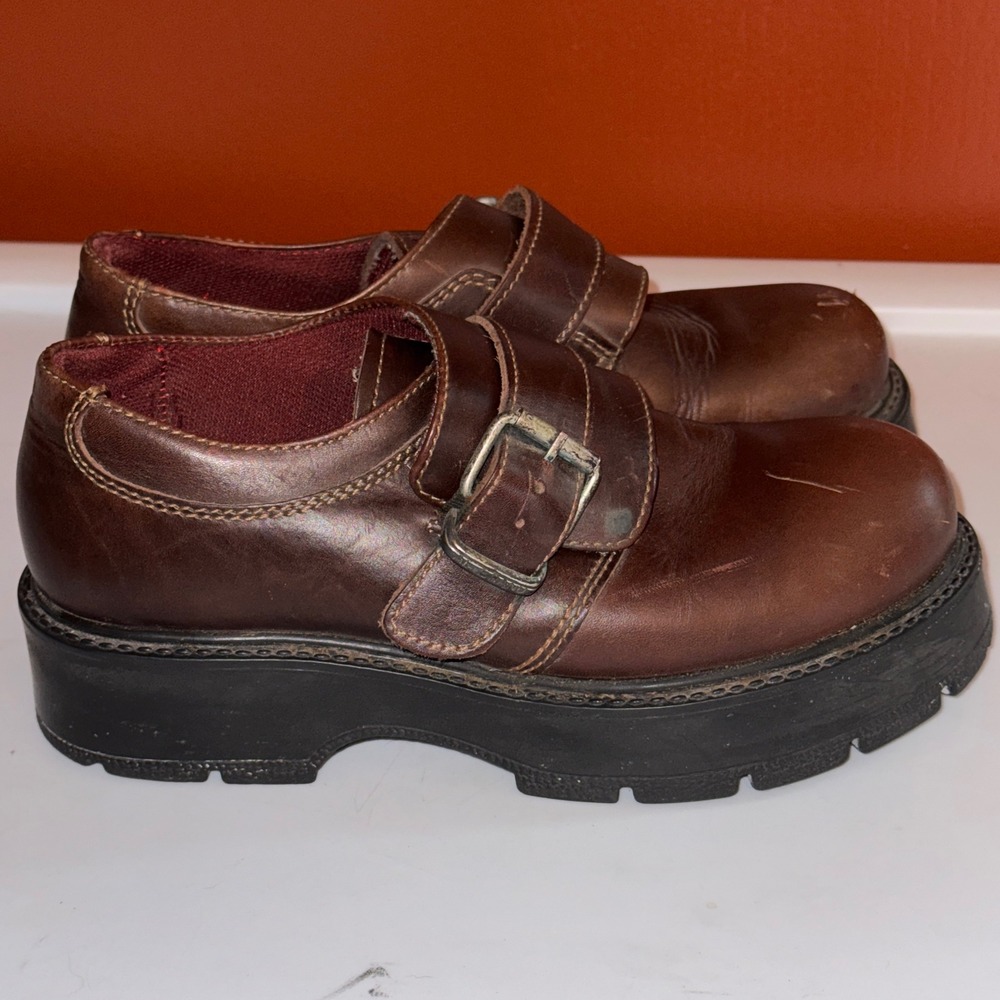 VTG American Eagle Mary Janes Platform Clogs Chunky Brown Leather Buckle Shoes 8